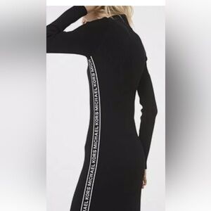 Michael Kors Logo Tape Ribbed Knit Black Mock Neck Midi Dress Size Medium